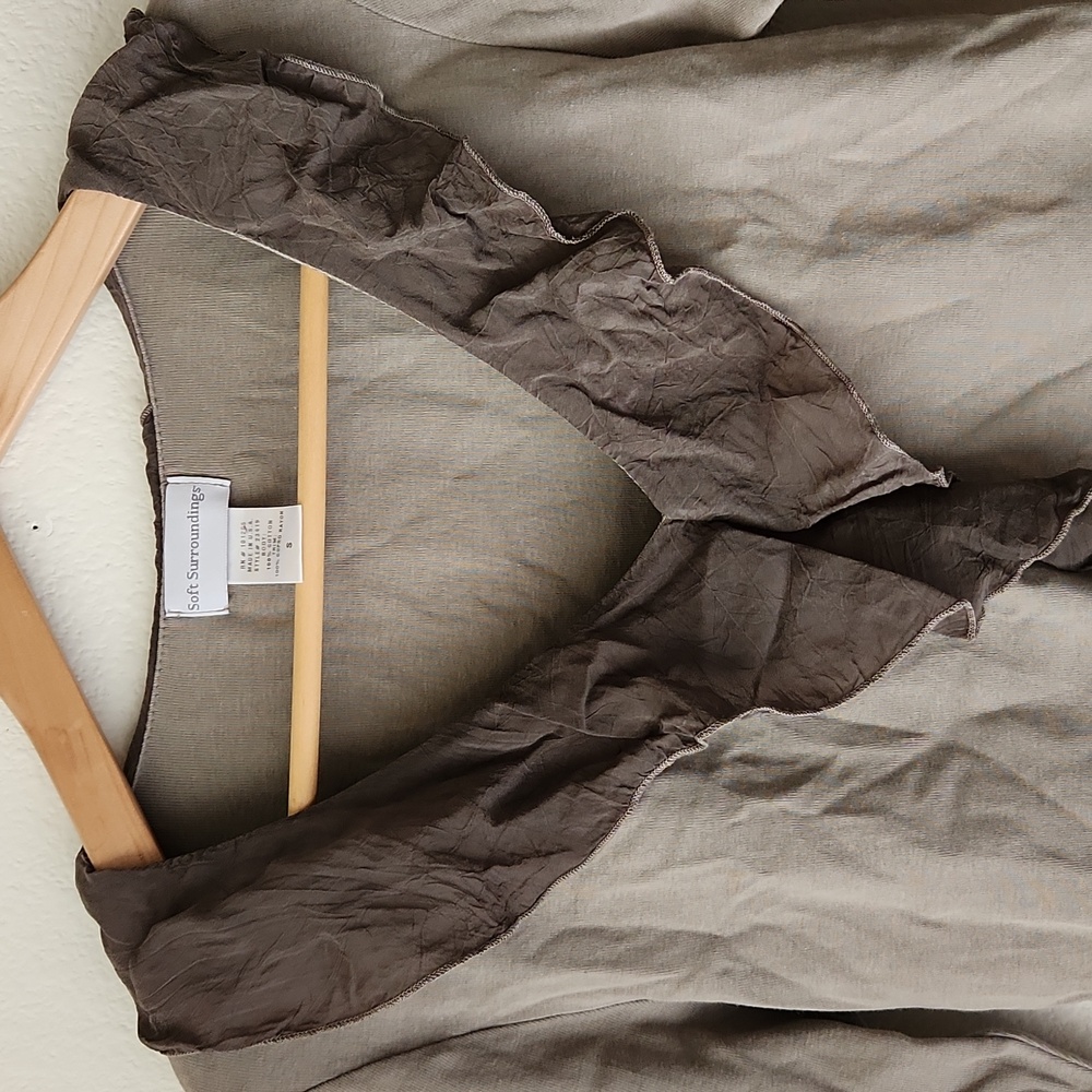 Soft Surroundings Taupe and Brown Ruffle Top - Picture 3 of 11